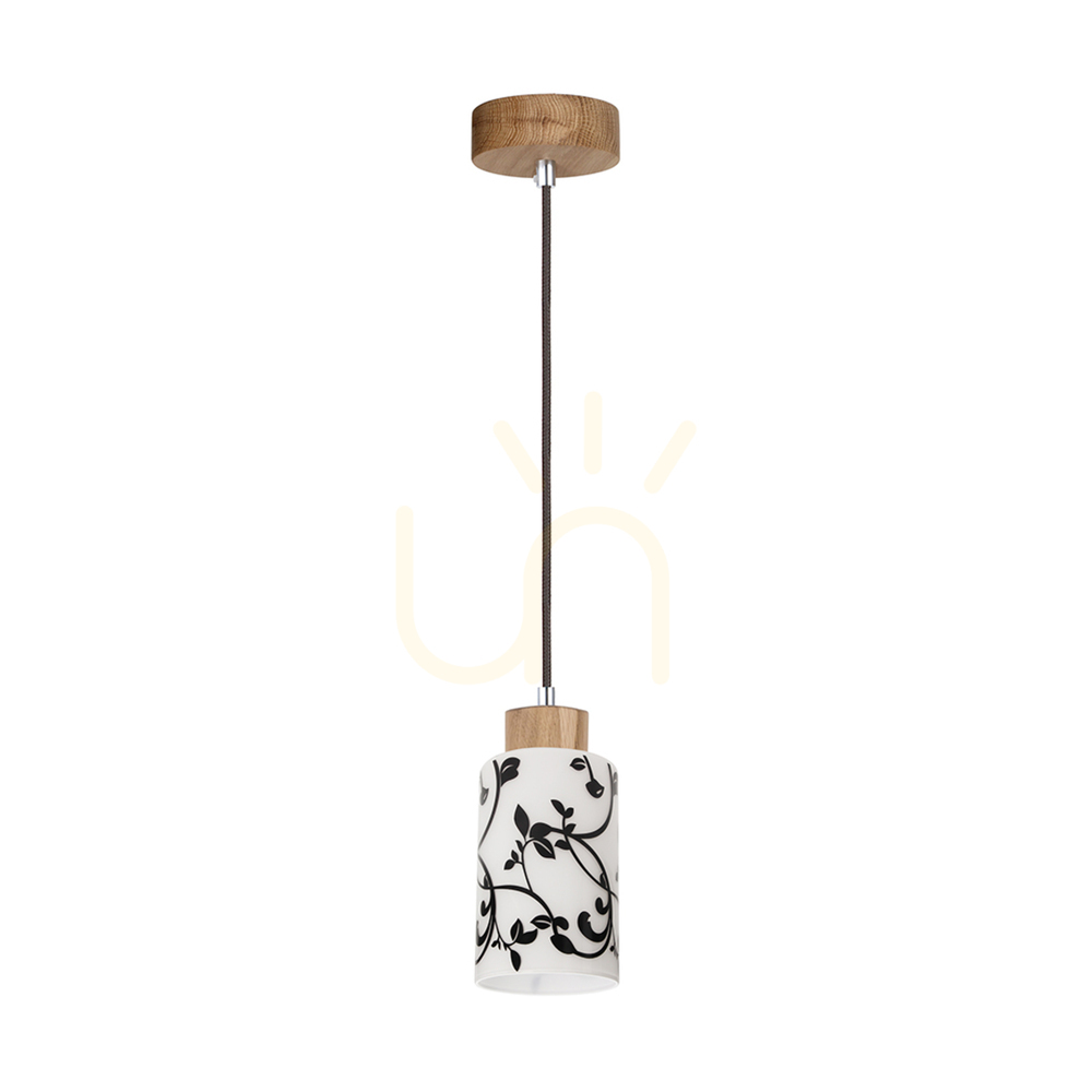 Ravio Pendant Light, 1xE27, Max. 60W, Birch/Black, PVC Cable, White and Black Glass Shade, Ø10 cm
