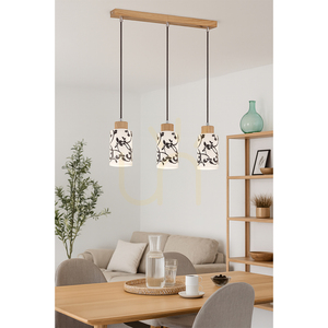 Ravio Pendant Light, 3xE27, Max. 60W, Birch/Black, PVC Cable, White and Black Glass Shade, 54 cm small 1
