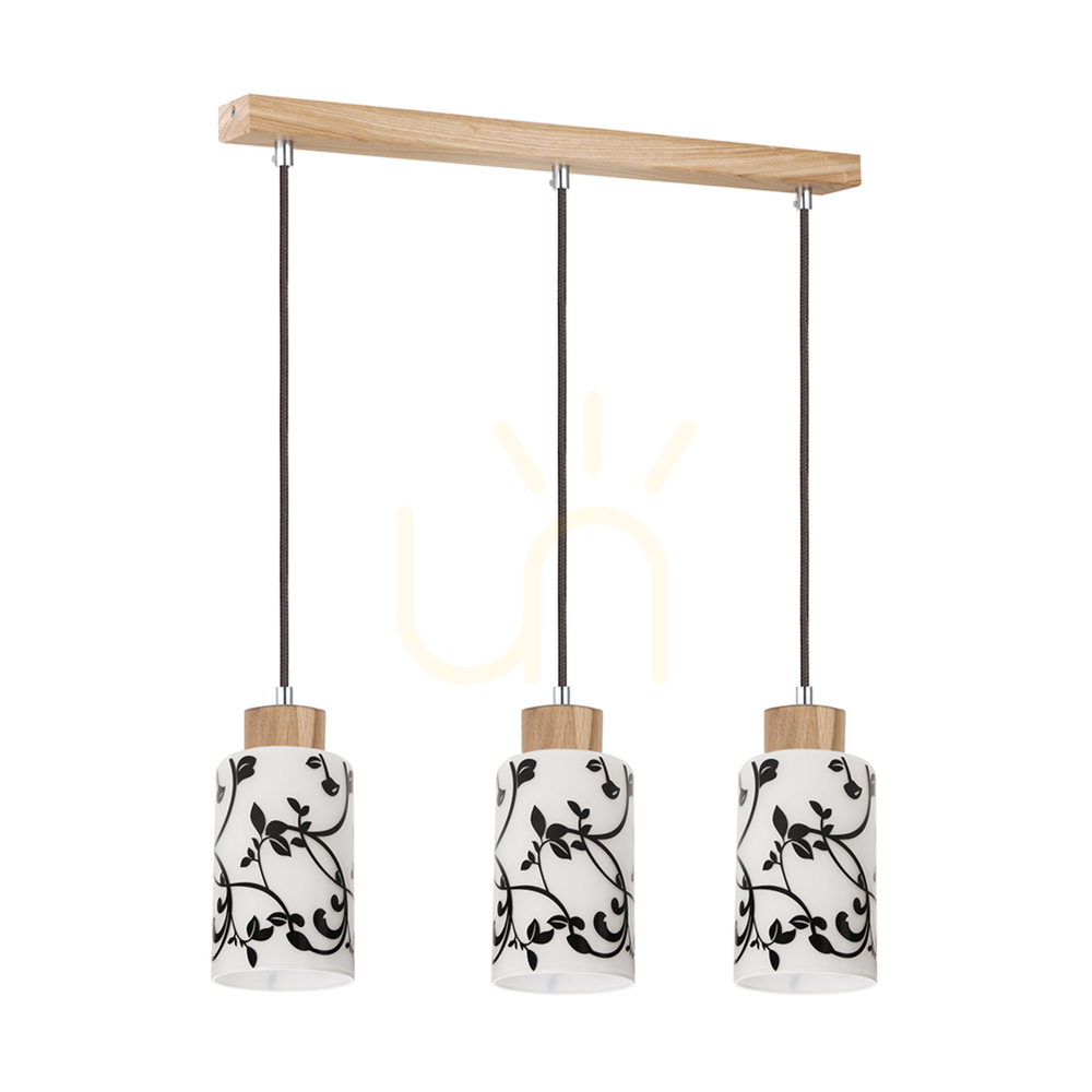 Ravio Pendant Light, 3xE27, Max. 60W, Birch/Black, PVC Cable, White and Black Glass Shade, 54 cm