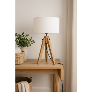 Rune Table Lamp, 1xE27, Max. 40W, Oiled Oak/Black PVC Cable/White Lampshade, Ø30 cm small 1
