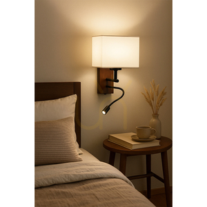 Sonar Wall Sconce 1xE27 Max. 25W, Includes 1x LED 4000K 2.5W, Beech and Walnut Wood / Black Metal / White Lampshade 22 cm small 3