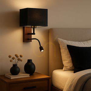 Sonar Wall Sconce 1xE27 Max. 25W, Includes 1x LED 4000K 2.5W, Beech and Walnut Wood / Black Metal / Black Lampshade 22 cm small 3