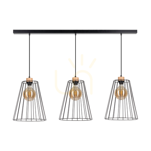 Check Swan Pendant Light, 3xE27, Max. 60W, Oiled Oak/Black Metal/Black PVC Cable/Black Metal Shade, 117 cm