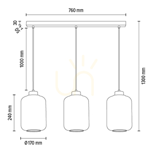 Tarro Pendant Light, 3xE27, Max. 60W, Chrome Metal / Transparent PVC Cable / Transparent Glass Shade, 76 cm small 3