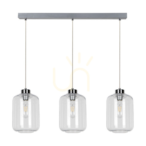 Check Tarro Pendant Light, 3xE27, Max. 60W, Chrome Metal / Transparent PVC Cable / Transparent Glass Shade, 76 cm