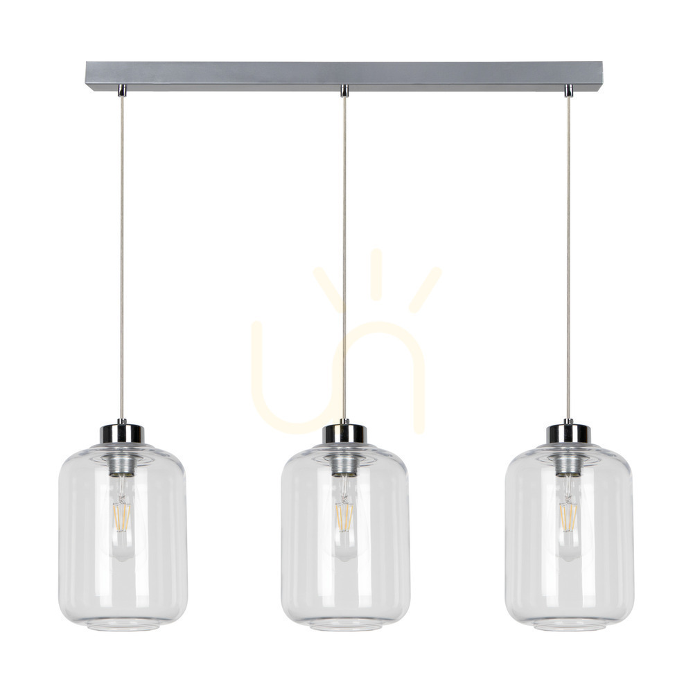 Tarro Pendant Light, 3xE27, Max. 60W, Chrome Metal / Transparent PVC Cable / Transparent Glass Shade, 76 cm