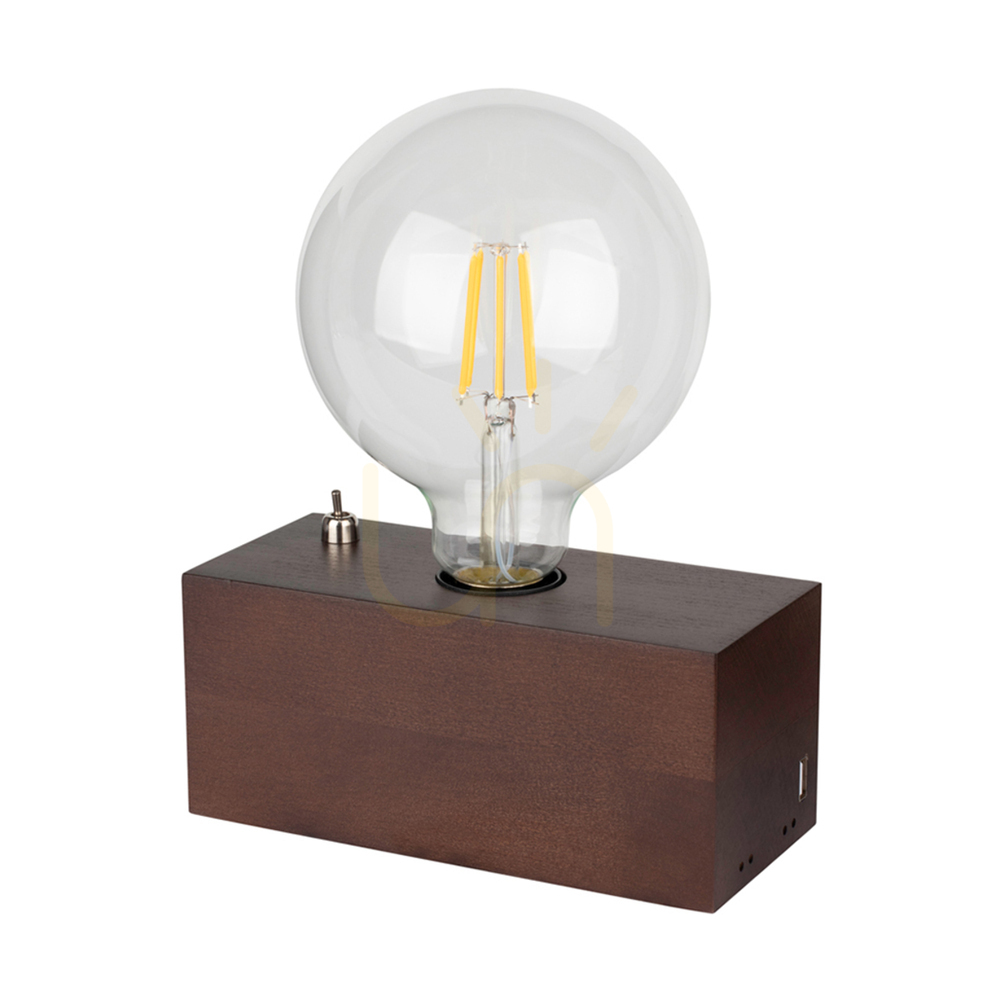 Theo Table Lamp, 1xE27, Max. 25W, Beech and Walnut Wood, Black PVC Cable with Integrated USB Charger, 18 cm