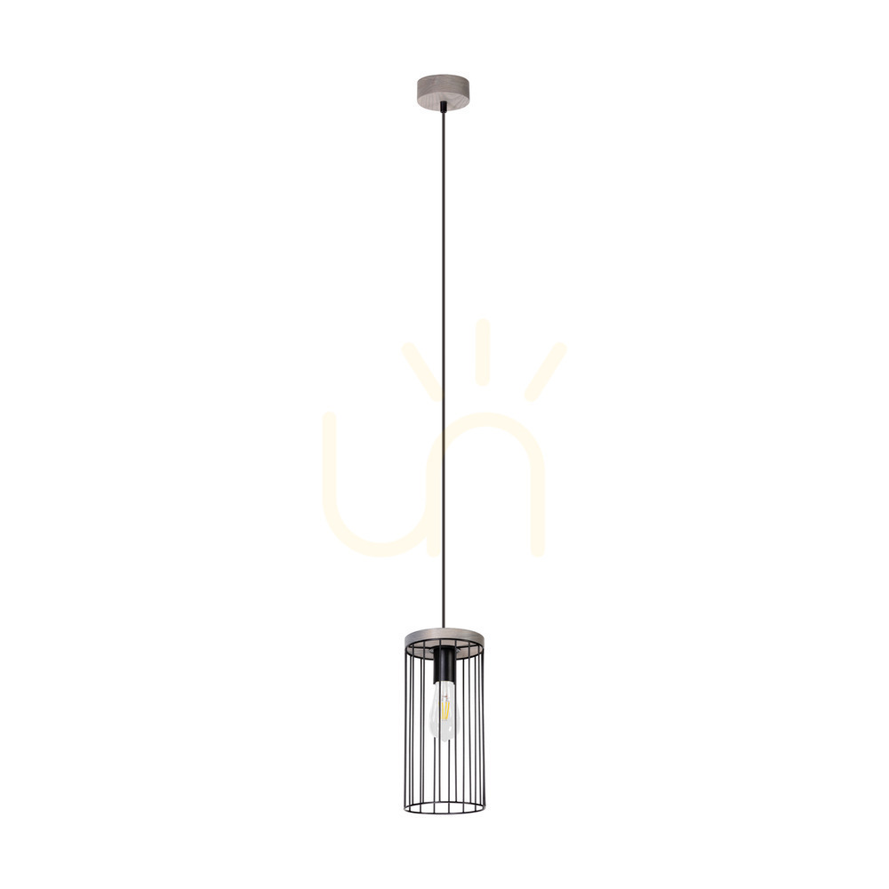 Timeo Pendant Light, 1xE27, Max. 60W, Gray-Stained Pine, PVC Cable/Black, Metal Shade Ø15 cm