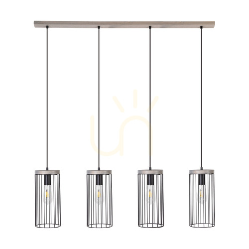 Check Timeo Pendant Light 4xE27 Max. 60W Gray-Stained Pine / Black PVC Cable / Black Metal Shade 100 cm