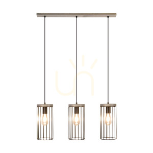 Timeo Pendant Light, 3xE27, Max. 60W, Gray-Stained Pine, Gray/Black PVC Cable, Black Metal Shade, 76 cm small 1