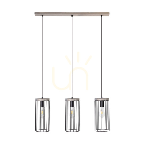 Check Timeo Pendant Light, 3xE27, Max. 60W, Gray-Stained Pine, Gray/Black PVC Cable, Black Metal Shade, 76 cm