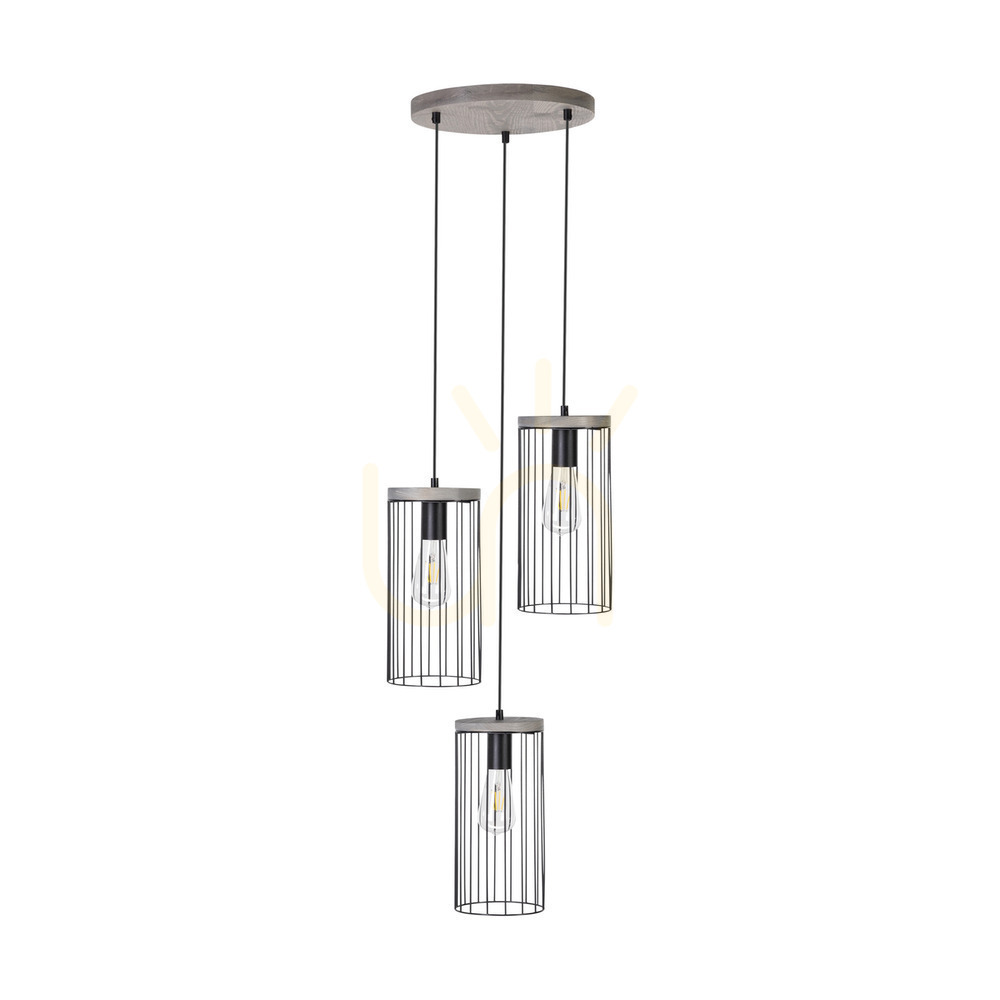 Timeo Pendant Light, 3xE27, Max. 60W, Gray-Stained Pine, PVC Cable/Black, Metal Shade, Ø40 cm