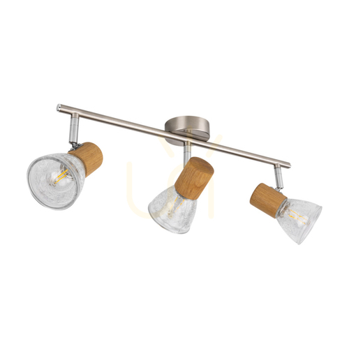 Check Tobi Ceiling Light, 3xE14, Max. 40W, Oiled Oak/Satin Metal/Clear Glass Shade, 44.5 cm