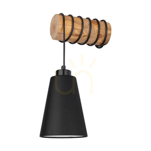 Trabo Carlos Wall Sconce, 1xE27, Max. 25W, Brown-Stained Pine/Black PVC Cable/Black Lampshade, 27.5 cm small 0