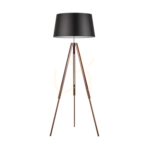 Check Tripod Floor Lamp, 1xE27, Max. 60W, Beech and Walnut Wood, Transparent PVC Cable, Black Lampshade, 67 cm