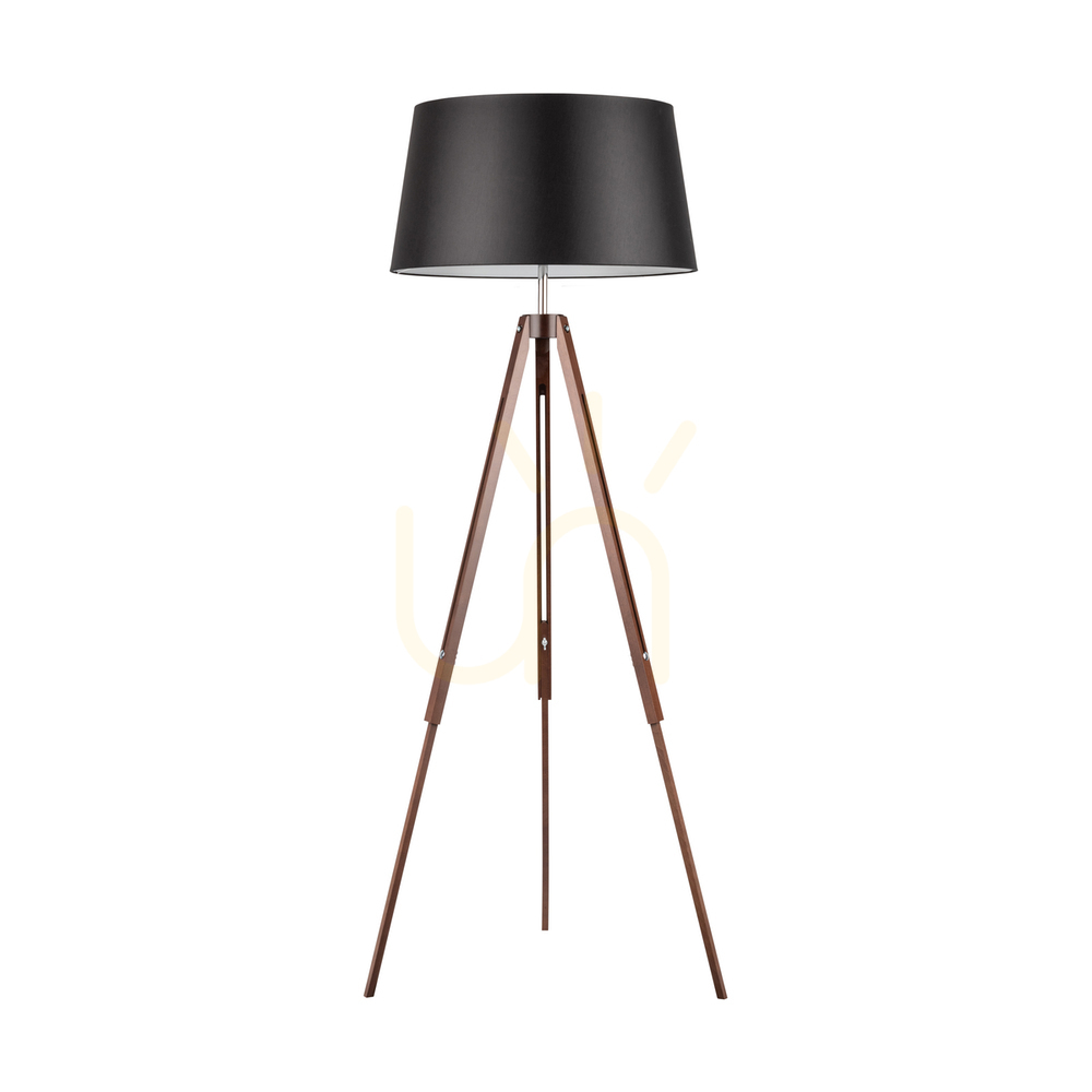 Tripod Floor Lamp, 1xE27, Max. 60W, Beech and Walnut Wood, Transparent PVC Cable, Black Lampshade, 67 cm
