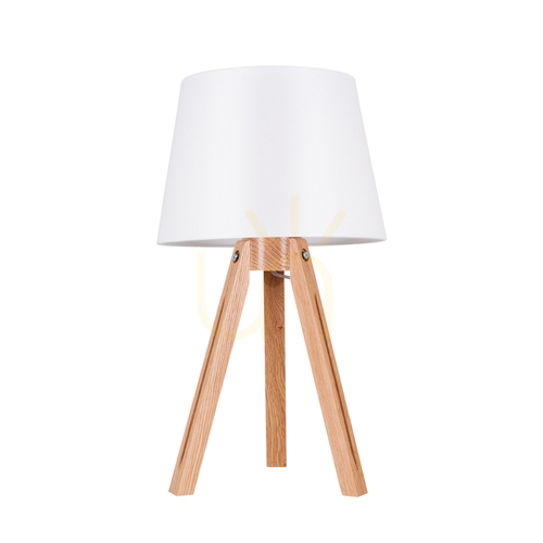 Check Tripod Table Lamp, 1xE27, Max. 40W, Oiled Oak / Transparent PVC Cable / White Lampshade, Ø30.5 cm