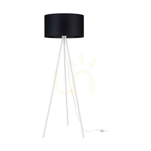 Check Tripod Floor Lamp, 1xE27, Max. 40W, White Metal/Transparent PVC Cable/Black Lampshade, Ø50 cm