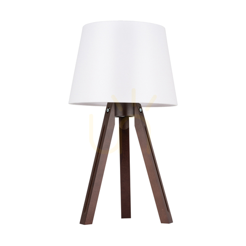 Check Tripod Table Lamp, 1xE27, Max. 40W, Beech and Walnut Wood / Transparent PVC Cable / White Lampshade, Ø30 cm