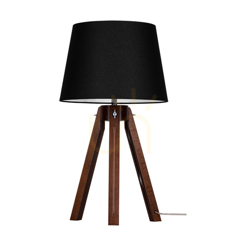 Check Tripod Table Lamp, 1xE27, Max. 40W, Beech and Walnut Wood / Transparent PVC Cable / Black Lampshade, Ø30 cm