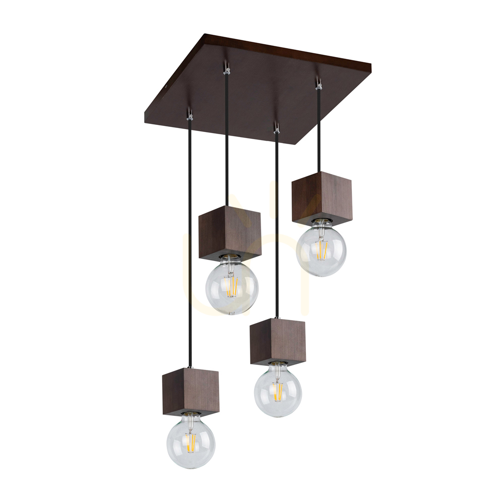 Trongo Square Pendant Light, 4xE27, Max. 60W, Beech and Walnut Wood, Black Braided Cable, 34 cm