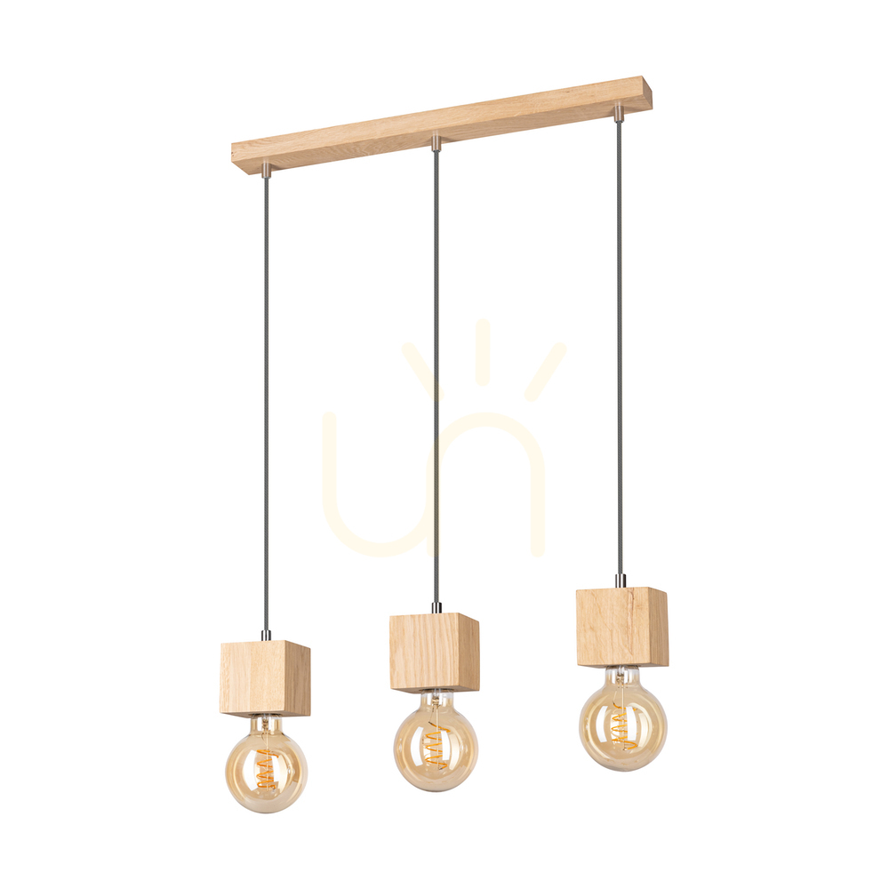 Trongo Square Pendant Light, 3xE27, Max. 60W, Oiled Oak/Anthracite, Braided Cable, 52 cm