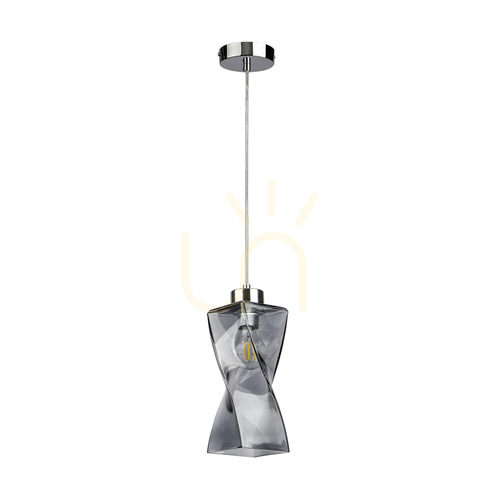 Check Twist Pendant Light, 1xE27, Max. 25W, Chrome Metal / Transparent PVC Cable / Smoked Glass Shade, 10 cm