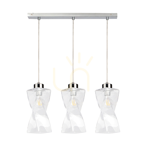 Check Twist Pendant Light, 3xE27, Max. 25W, Chrome Metal / Transparent PVC Cable / Transparent Glass Shade, 52 cm