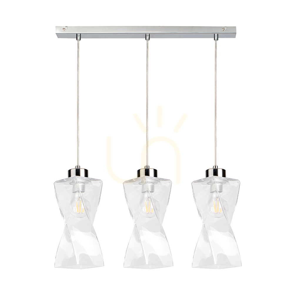 Twist Pendant Light, 3xE27, Max. 25W, Chrome Metal / Transparent PVC Cable / Transparent Glass Shade, 52 cm