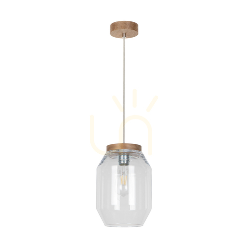 Check Vaso Pendant Light 1xE27 Max. 60W Oiled Oak/Transparent PVC Cable/Transparent Glass Shade Ø19.5 cm