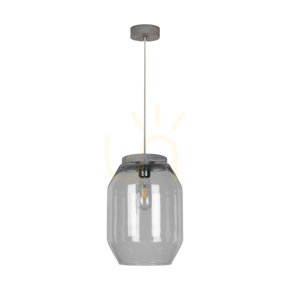 Vaso Pendant Light, 1xE27, Max. 60W, Gray-Stained Pine, Transparent PVC Cable, Smoked Glass Shade, Ø24 cm