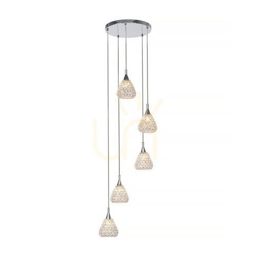 Check Vegas 5xG9 Pendant Light, Max. 33W, Chrome Metal/Clear Glass Shade, Ø32 cm