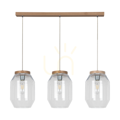 Check Vaso Pendant Light, 3xE27, Max. 60W, Oiled Oak / Transparent PVC Cable / Transparent Glass Shade, 85 cm