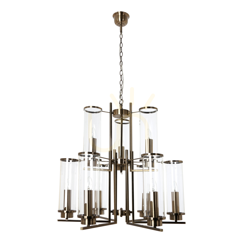 Verdi Pendant Light, 9xE14, Max. 40W, Metal Patina/Transparent Glass Shade, Ø69.5 cm