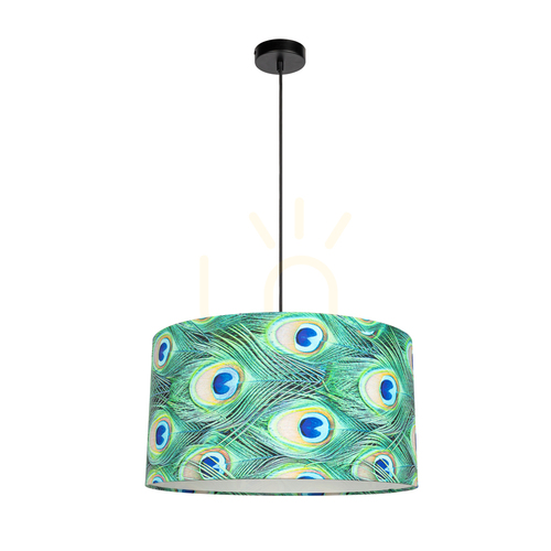 Check Vert Pendant Light, 1xE27, Max. 60W, Black Metal / Black Braided Lampshade / Multicolored Lampshade with Peacock Feather Pattern, Ø45 cm