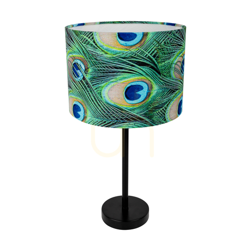 Check Vert Table Lamp, 1xE27, Max. 40W, Black Metal/Black PVC Cable/Multicolored Lampshade with Peacock Feather Pattern, Ø25 cm