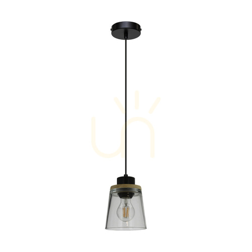 Check Warnemünde Pendant Light 1xE27 Max. 60W Oiled Oak/Black Metal/Black PVC Cable/Smoked Glass Shade Ø13.5 cm