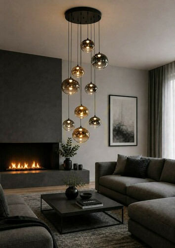 Check PESARO Round 9-Light Pendant Lamp, Black, 5082-902 Aviano