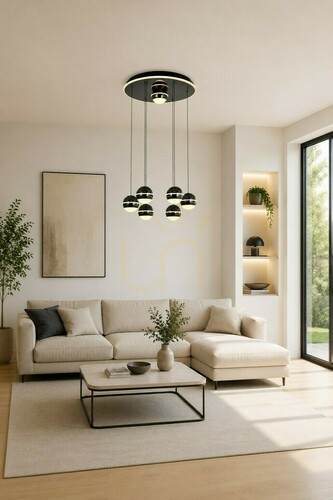 Check BIARRITZ Round 7-Light Pendant Lamp, Black Chrome, 5047-805, Aviano
