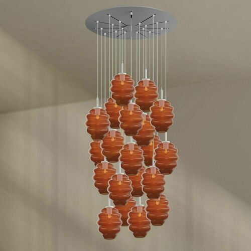 Check s.luce Echos 20-Light Chandelier, Brown Glass, White Suspension, Ø25 cm Shades