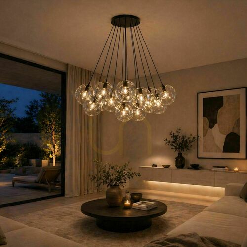 Check Cluster Chandelier s.luce Orb, 13-Light Glass Pendant Light, Gold, 80 cm