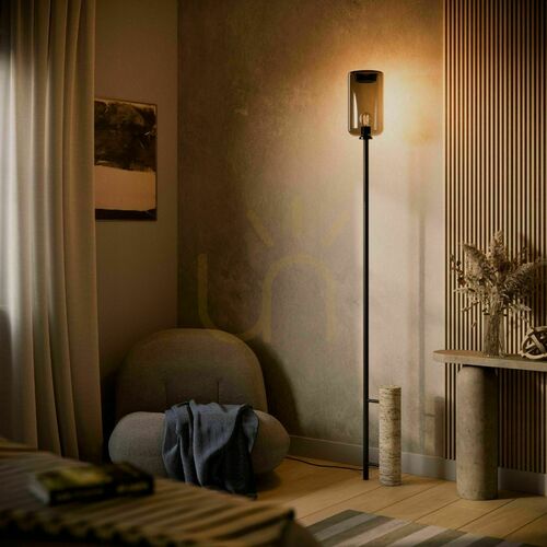 Check Floor Lamp s.luce Cruet, Black Metal, Travertine Stone and Smoked Glass, 190 cm, E27