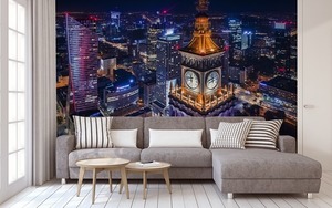 Wall mural Warsaw Palace of Culture at Night, Clock, Spire, Center, Skyscrapers, Panorama small 1