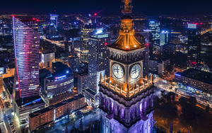 Wall mural Warsaw Palace of Culture at Night, Clock, Spire, Center, Skyscrapers, Panorama small 0