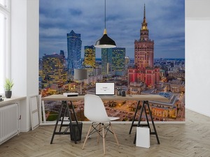 Wall mural Illuminated Warsaw Center in the Evening, Palace of Culture and Skyscrapers small 1
