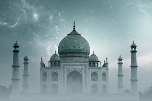 Wall mural Taj Mahal India, starry sky, fog, gradient, gray, for the bedroom, living room small 0